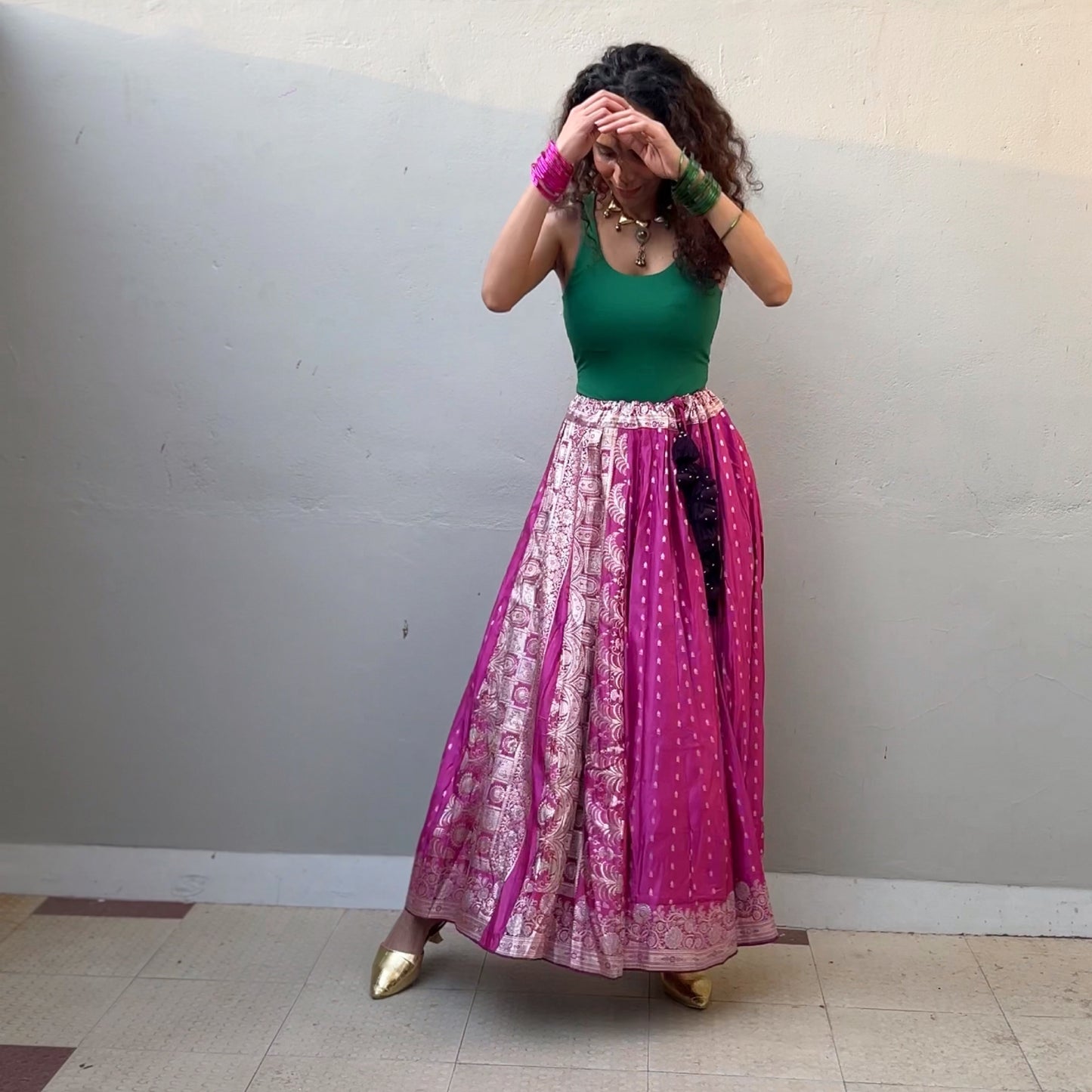 Pink & silver old saree skirt 2