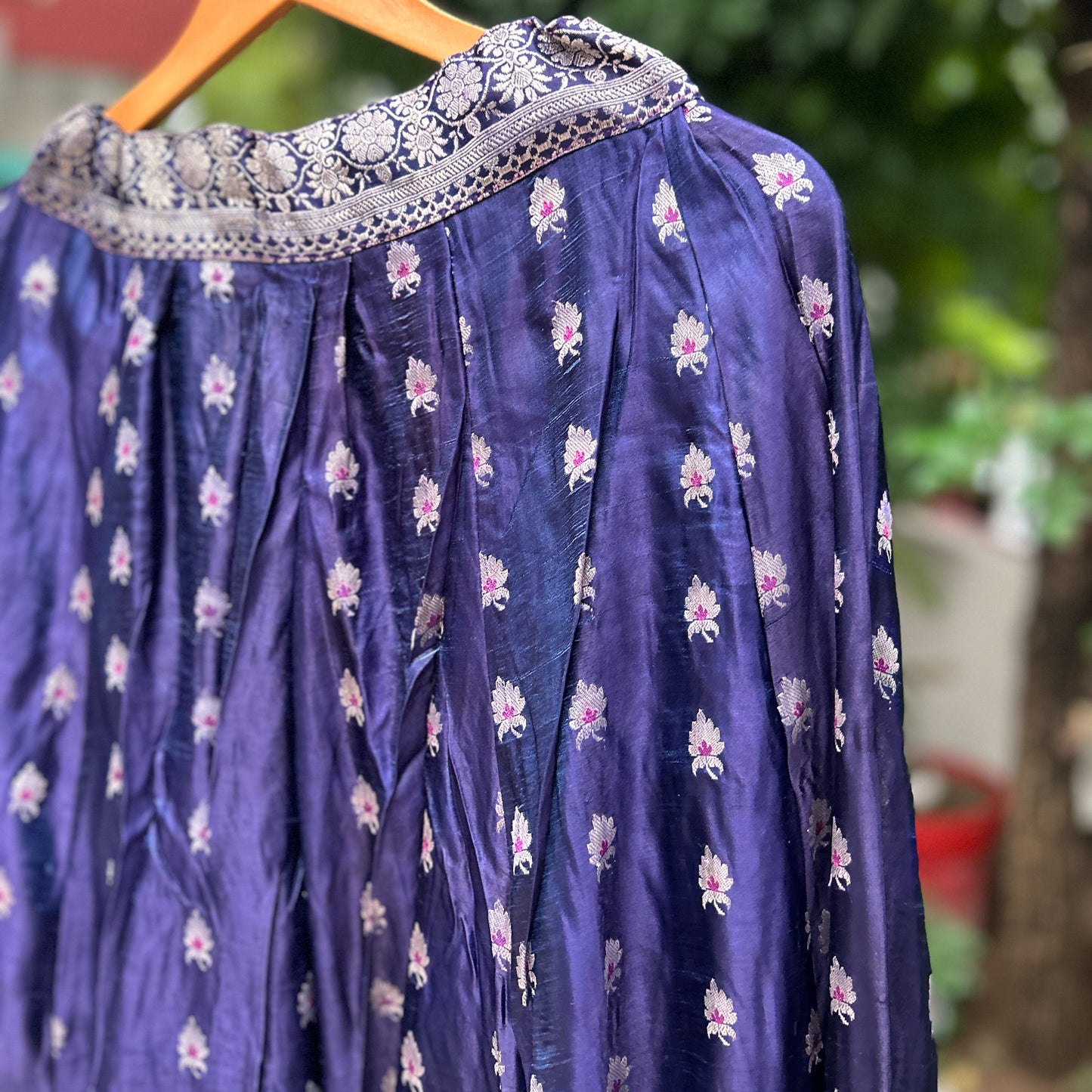 Two tone blue & purple with all over motifs old saree skirt