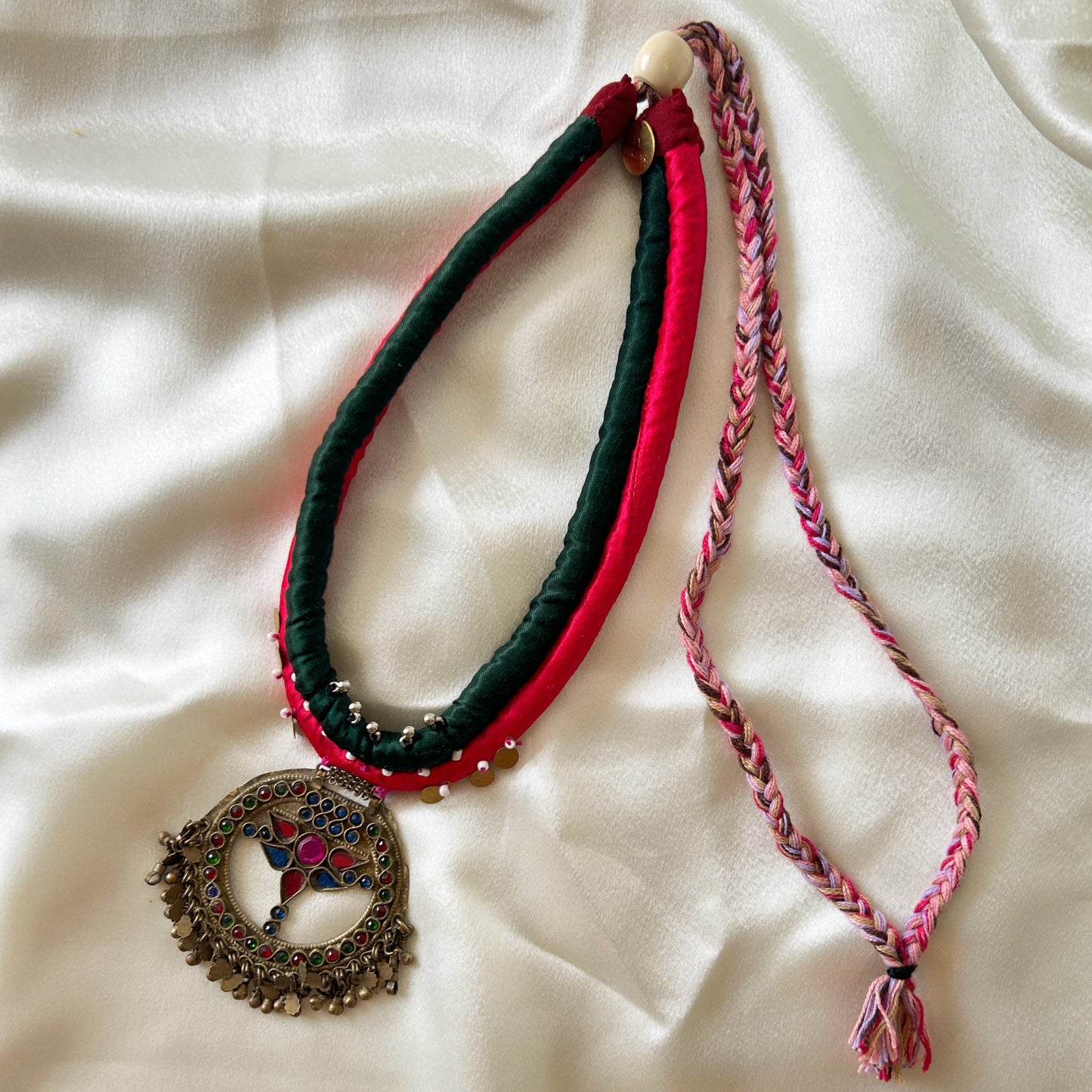 Afghan pendant with Green & pink cord - necklace