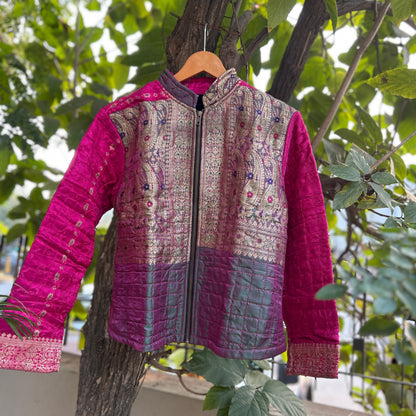 Vibrant pink green winter old saree jacket