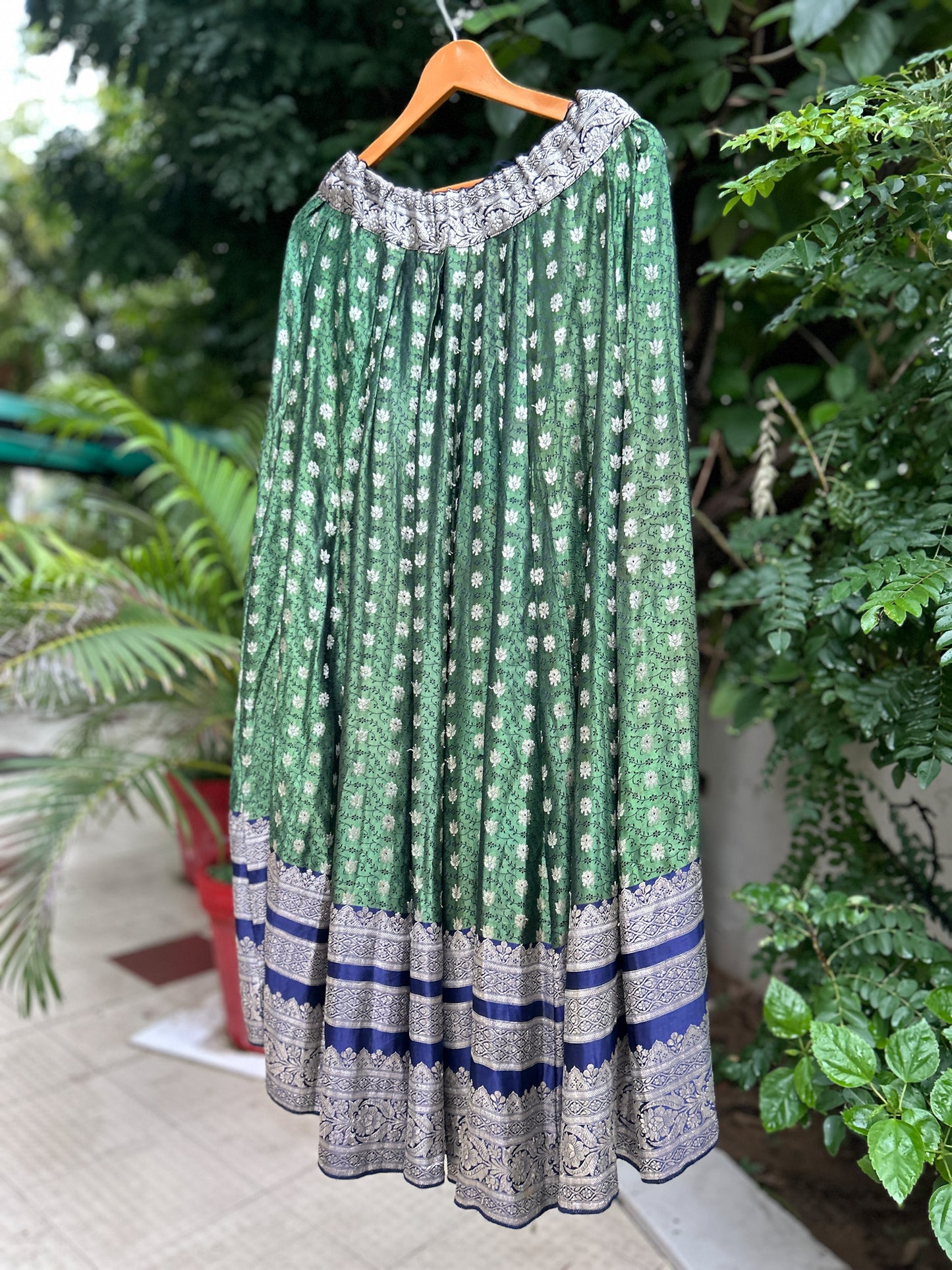 Green blue old saree skirt 2