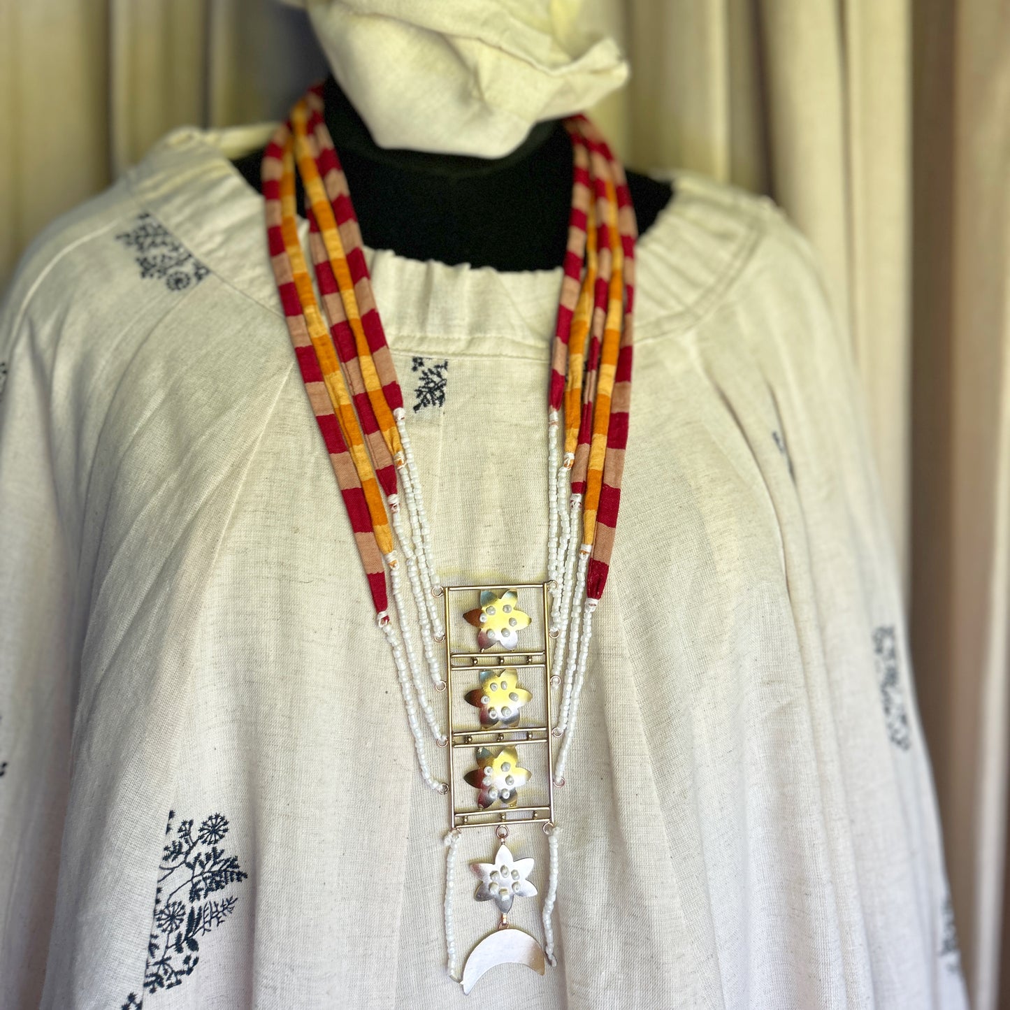 Brass Flower layered striped necklace