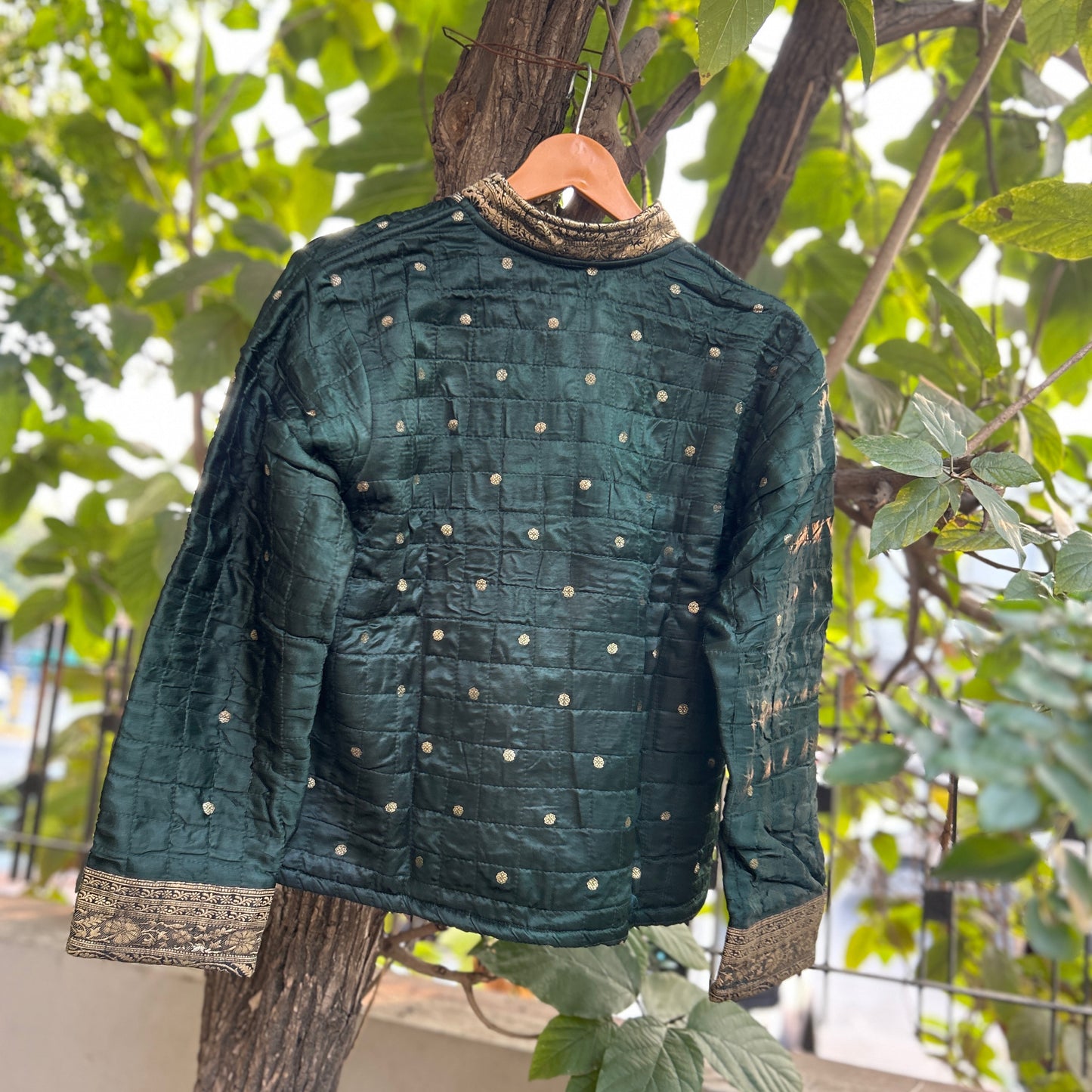 Dark green winter old saree jacket