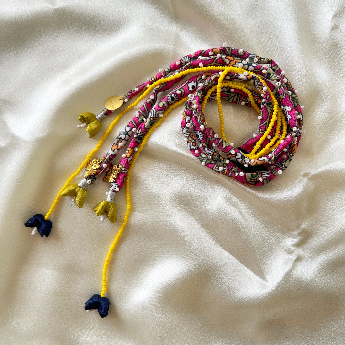 Beaded Looms Clip ins - pink printed with Yellow beads 21 inch