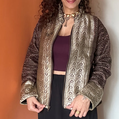 Brown gold winter old saree jacket