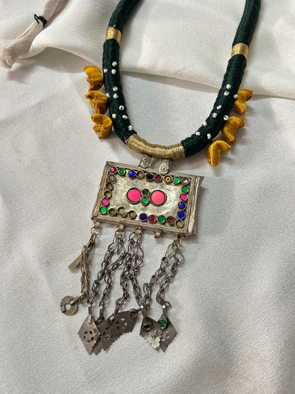 Square Afghan statement necklace - Green cord