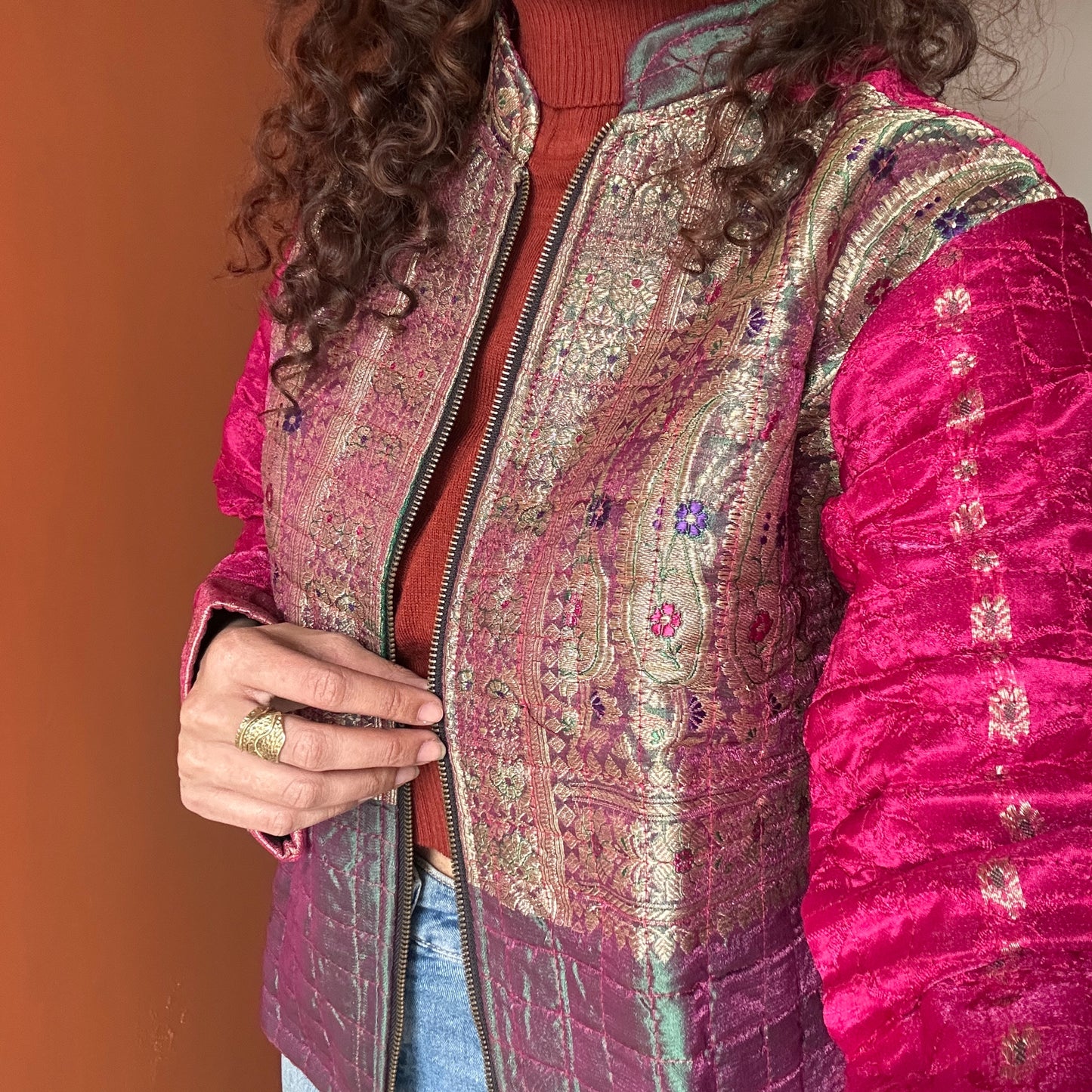 Vibrant pink green winter old saree jacket