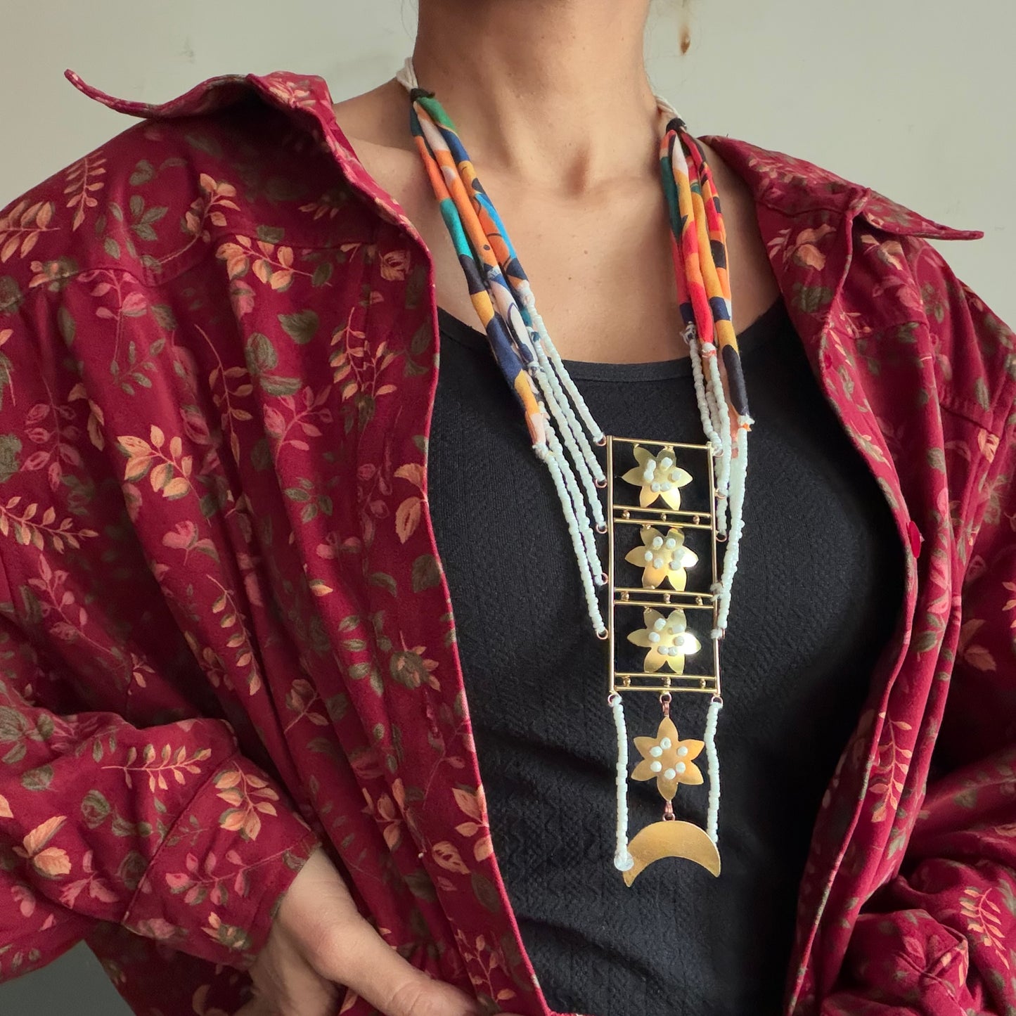 Brass Flower layered striped necklace