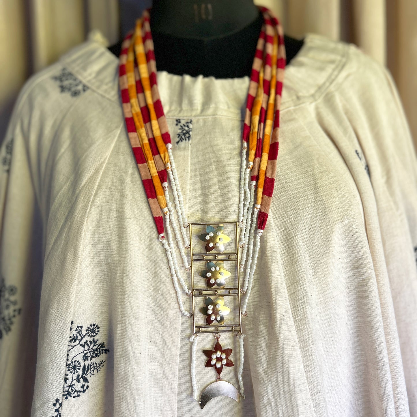 Brass Flower layered striped necklace