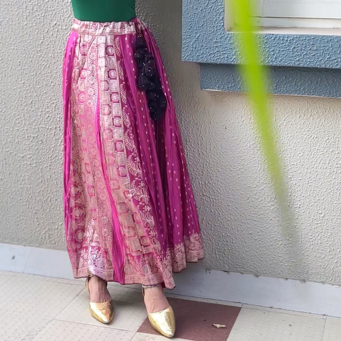 Pink & silver old saree skirt 2