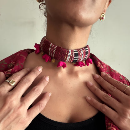 Maroon white jacquard choker
