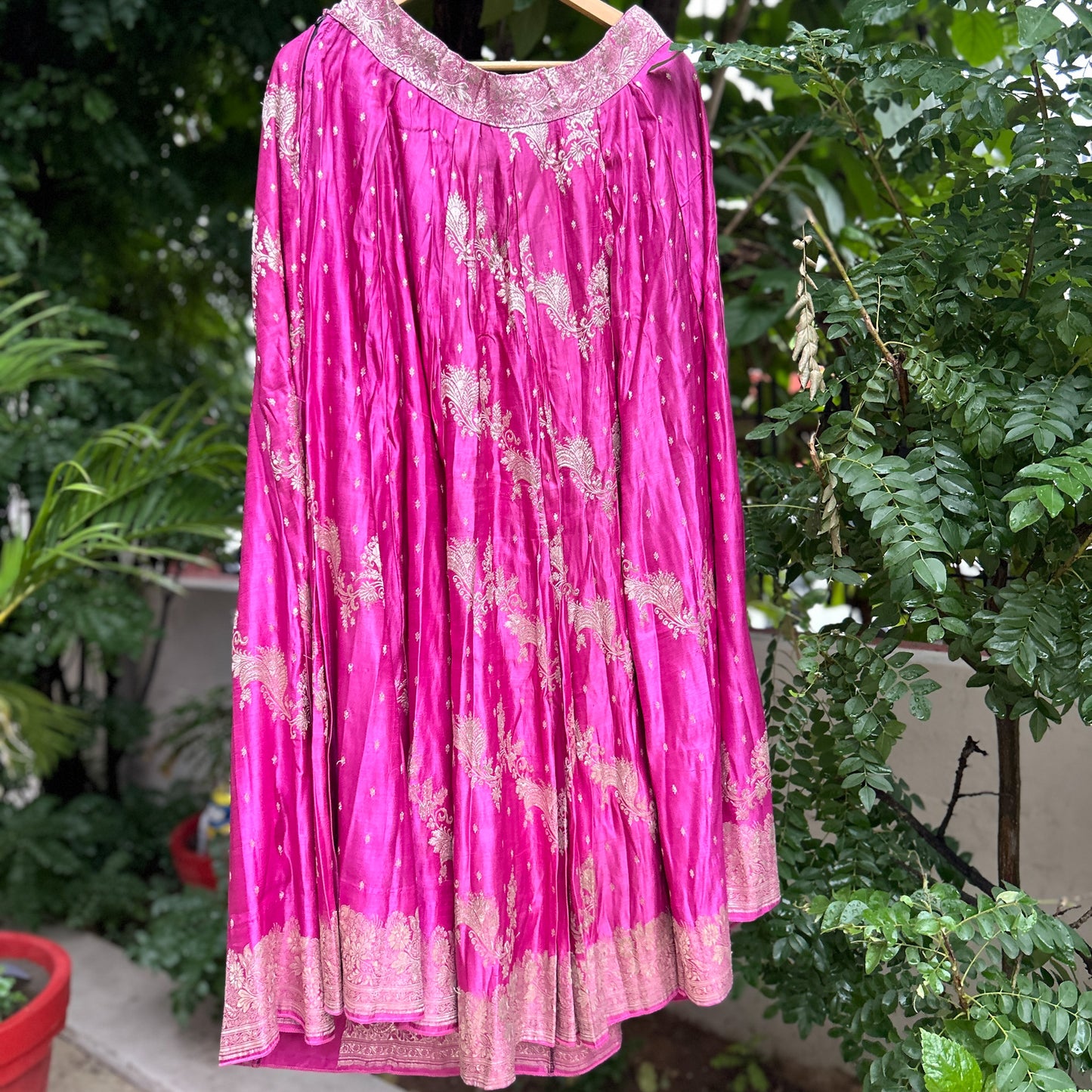 Soft pink with all over golden zari motifs old saree skirt