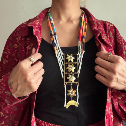 Brass Flower layered striped necklace