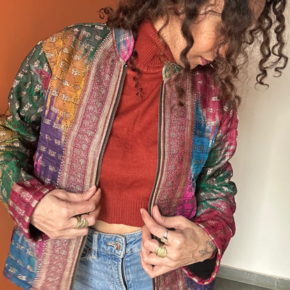 Multi color winter old saree jacket