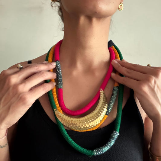 Three layered brass moon pop necklace