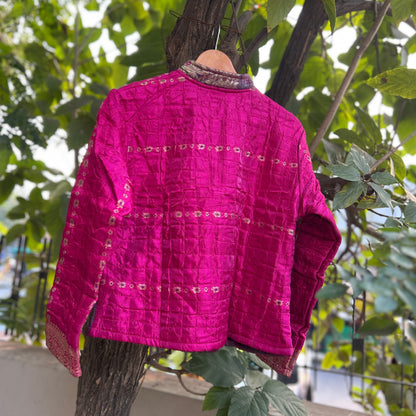 Vibrant pink green winter old saree jacket