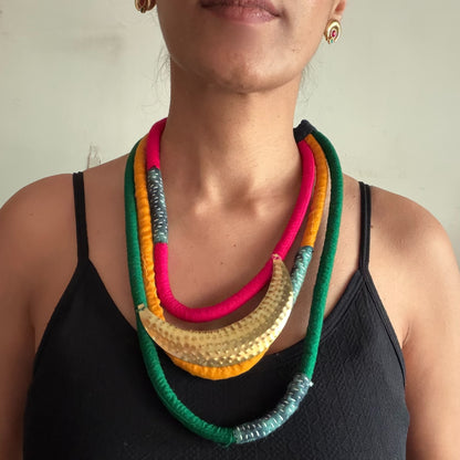 Three layered brass moon pop necklace