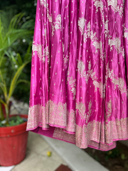 Soft pink with all over golden zari motifs old saree skirt