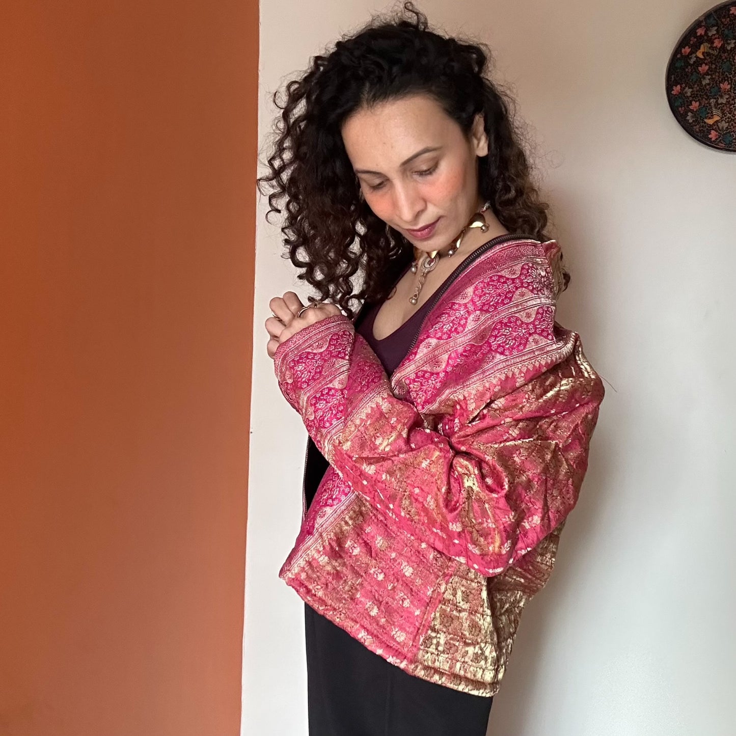 Blush pink winter old saree jacket