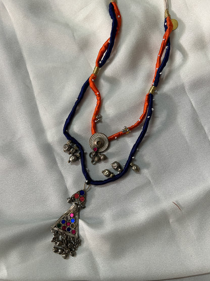 Triangle layered Afghan necklace - Orange Blue