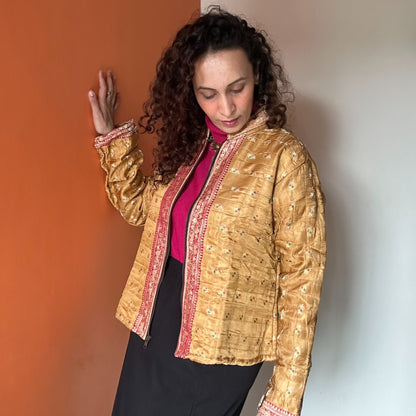 Dull yellow winter old saree jacket