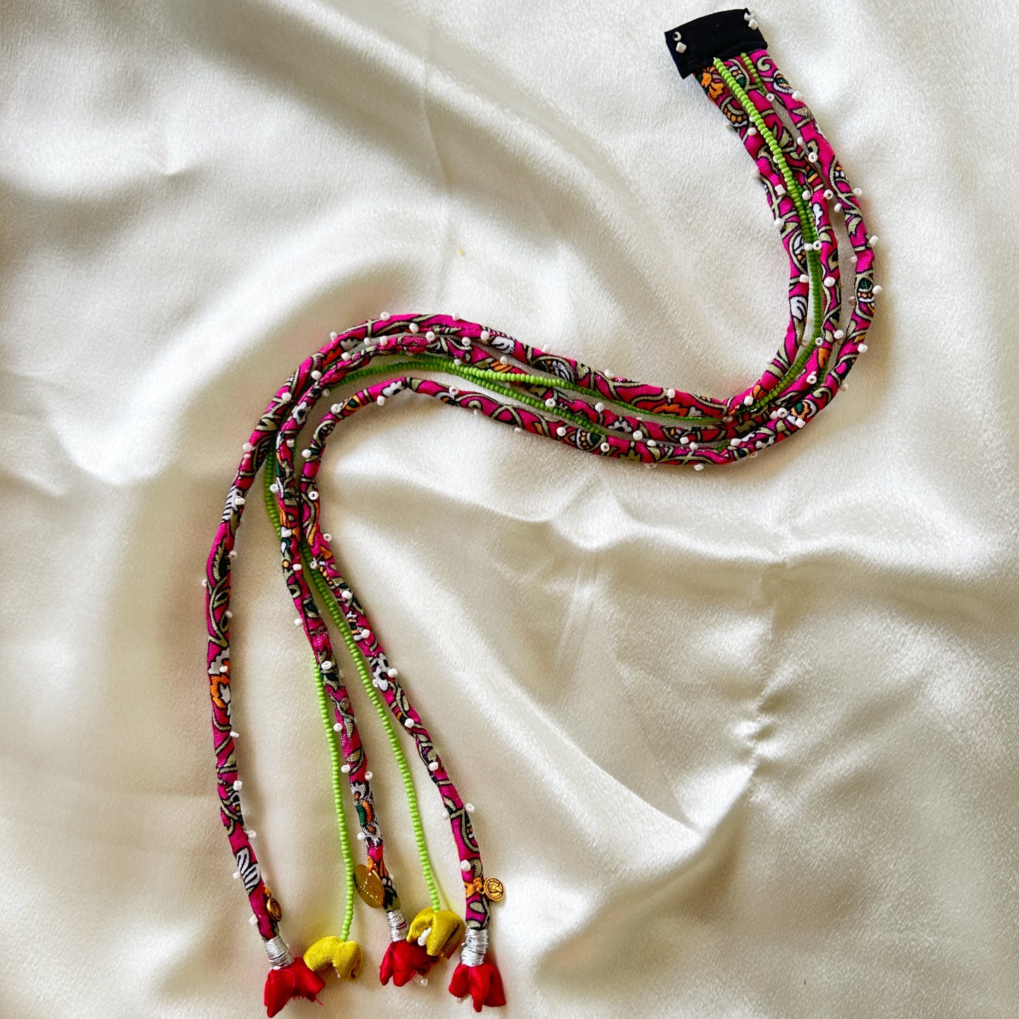 Beaded Looms Clip ins - pink printed with green beads 21 inch