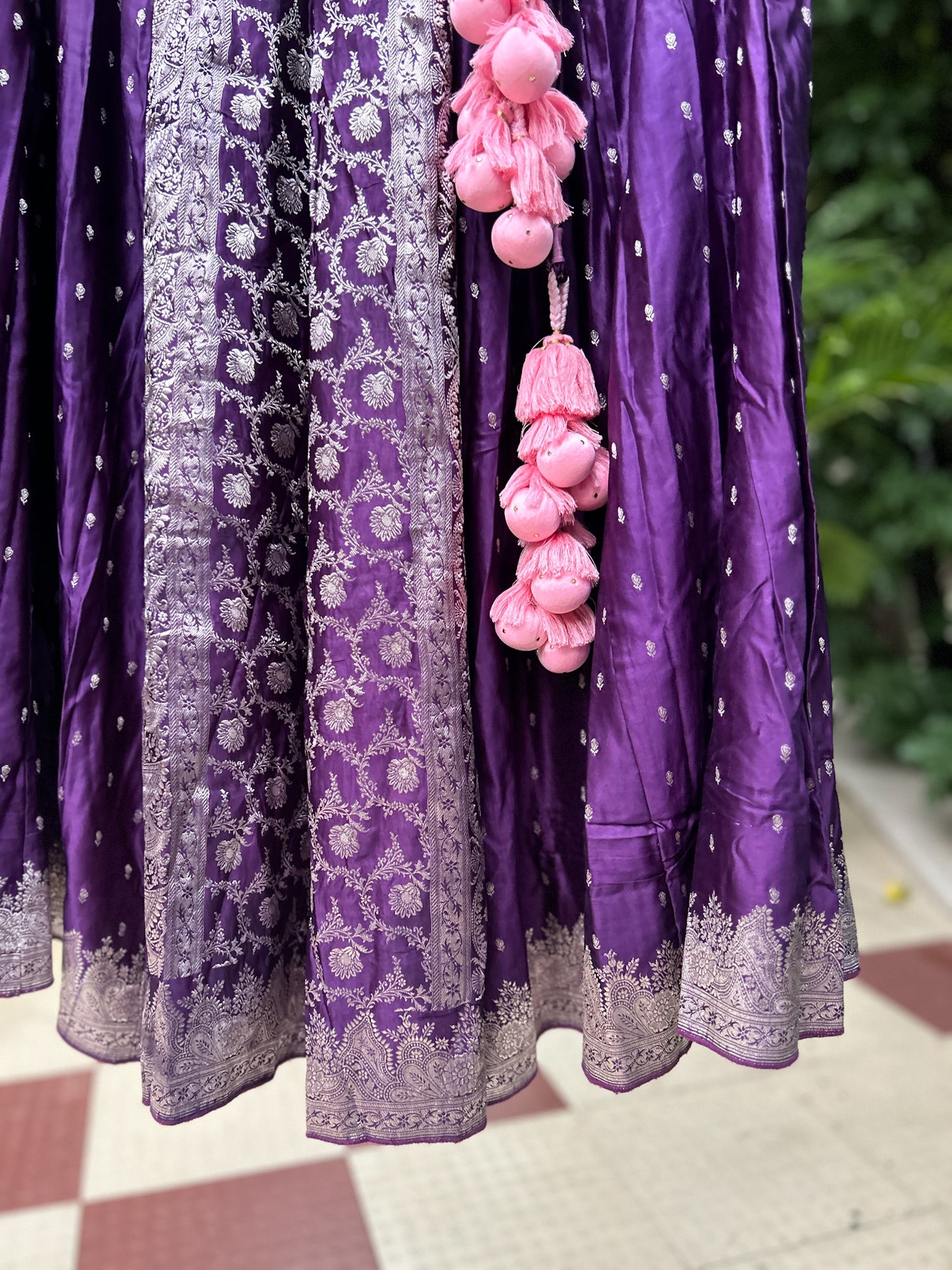 Purple with all over dainty motifs old saree skirt