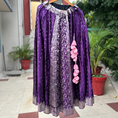 Purple with all over dainty motifs old saree skirt