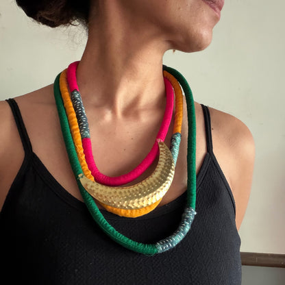 Three layered brass moon pop necklace