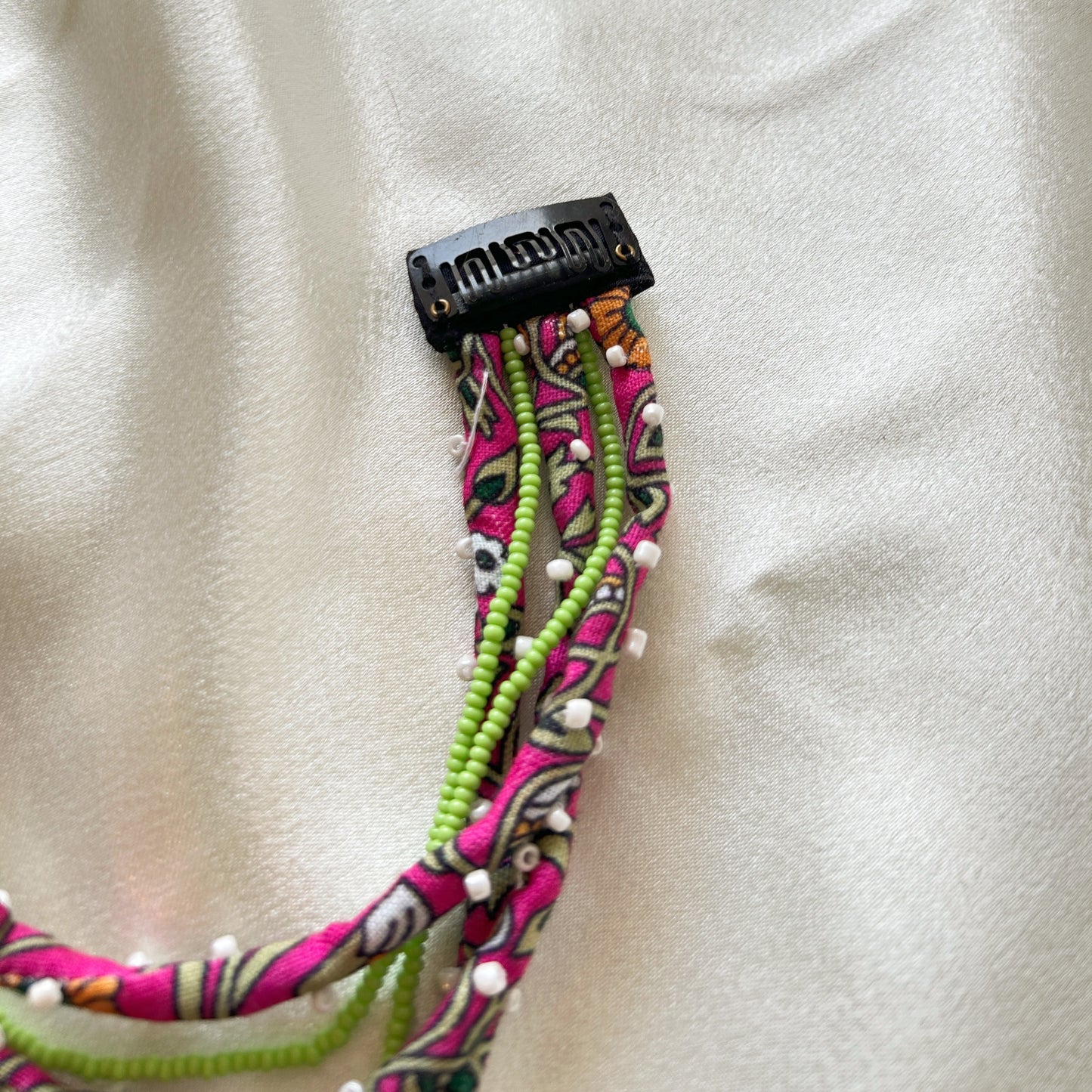 Beaded Looms Clip ins - pink printed with green beads 21 inch