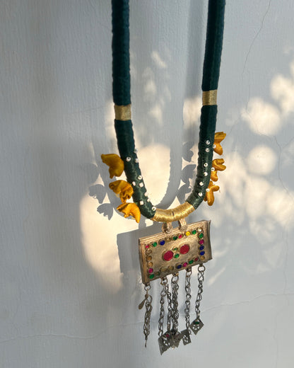 Square Afghan statement necklace - Green cord
