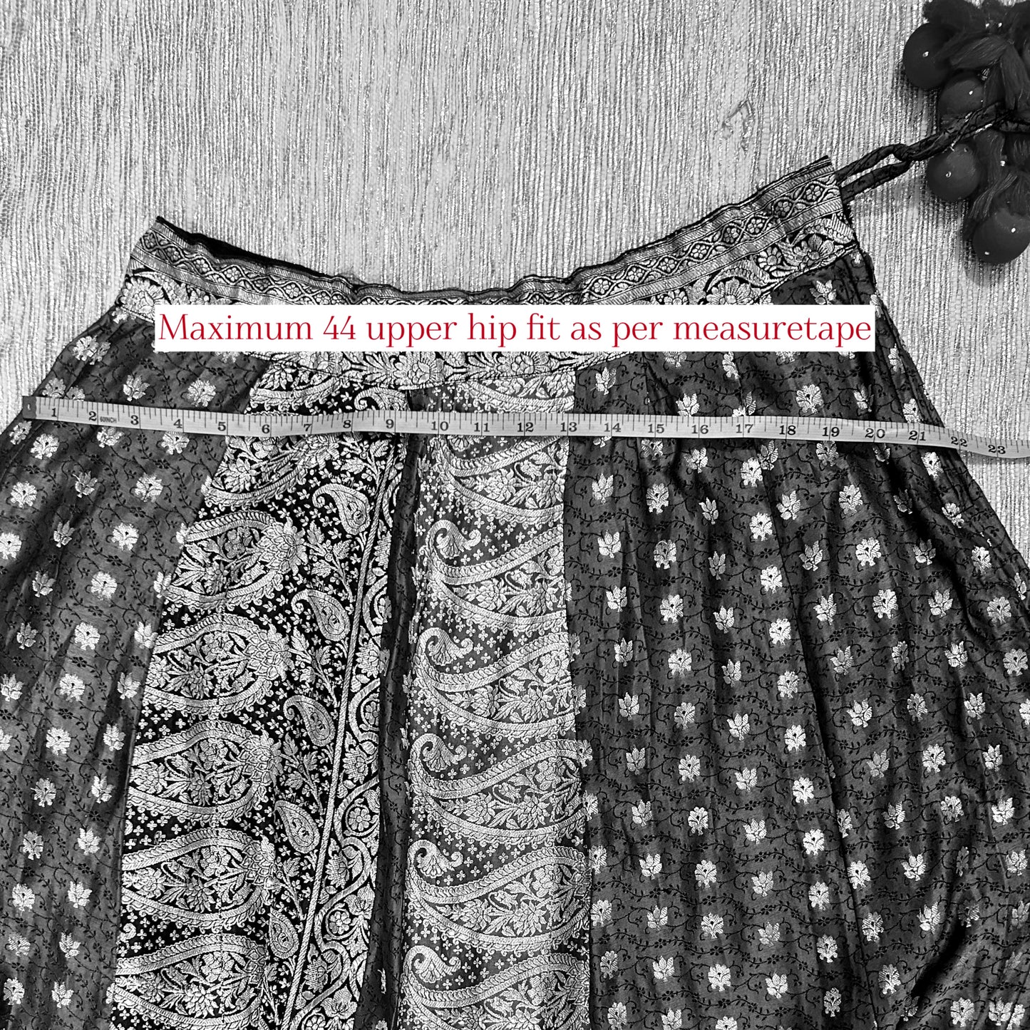 Black with antque silver all over motifs old saree skirt