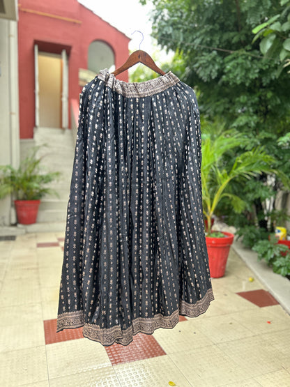 Black with antque silver all over motifs old saree skirt