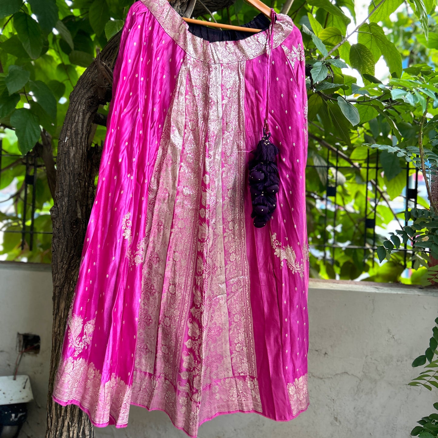 Pink & silver old saree skirt 2