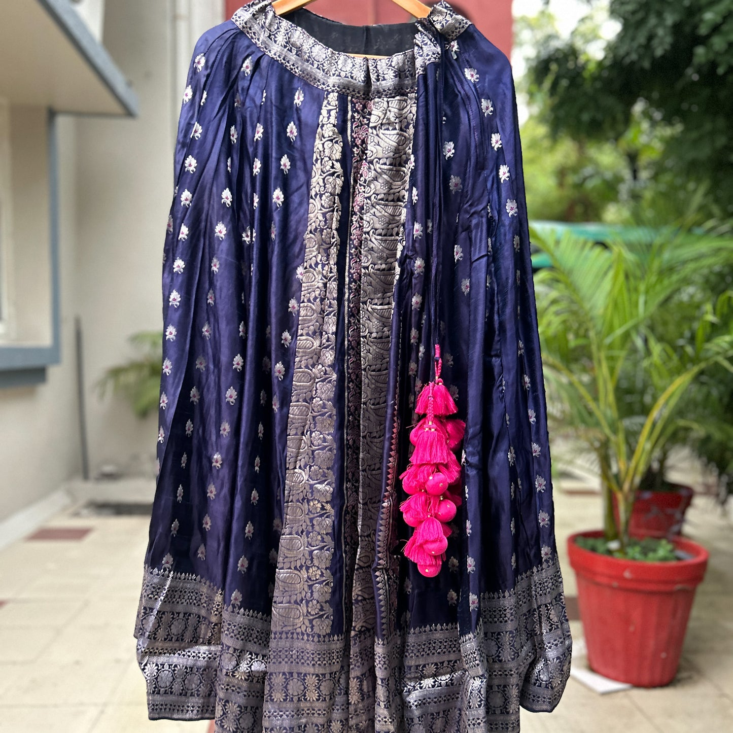 Two tone blue & purple with all over motifs old saree skirt