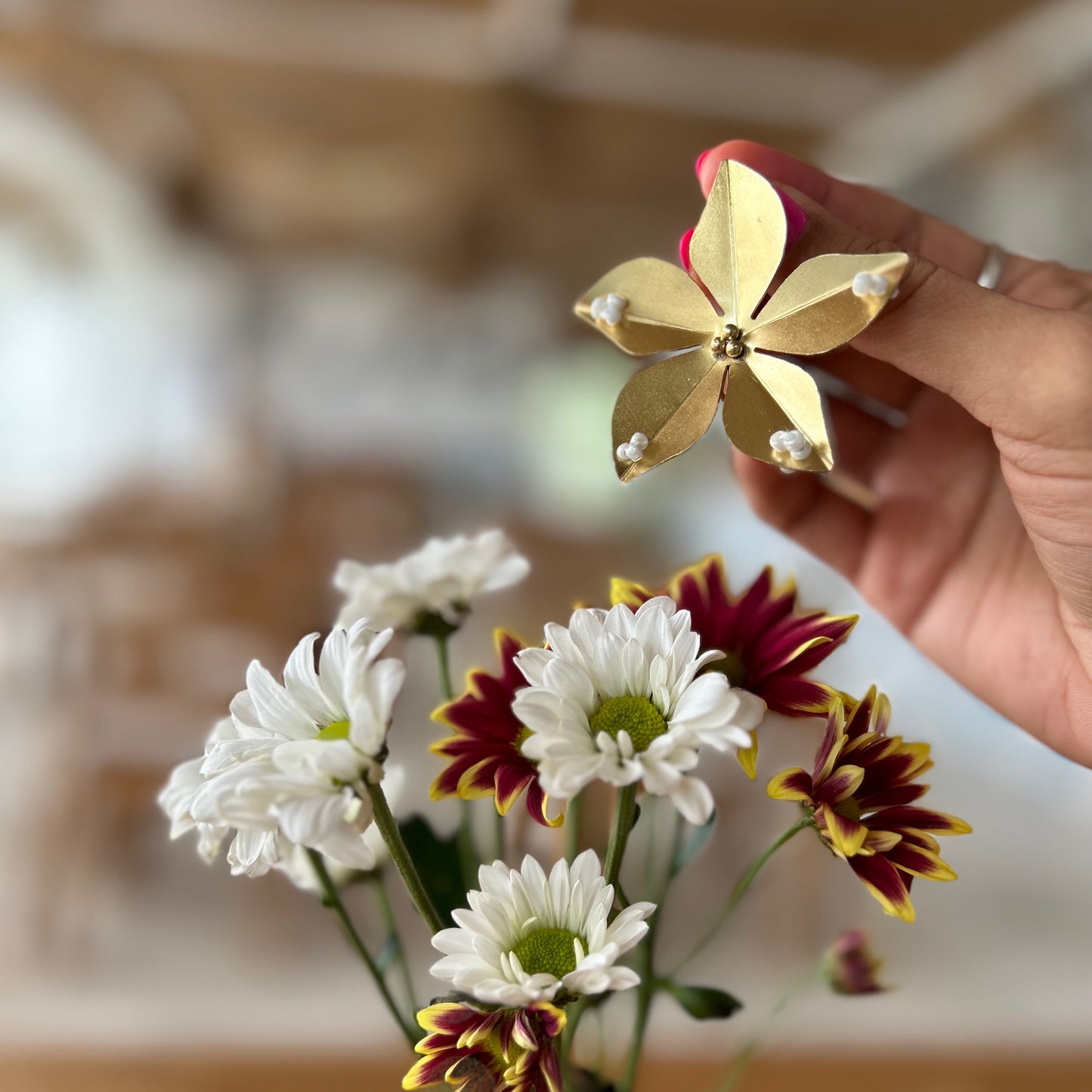 Flower brass hair pin - Blue